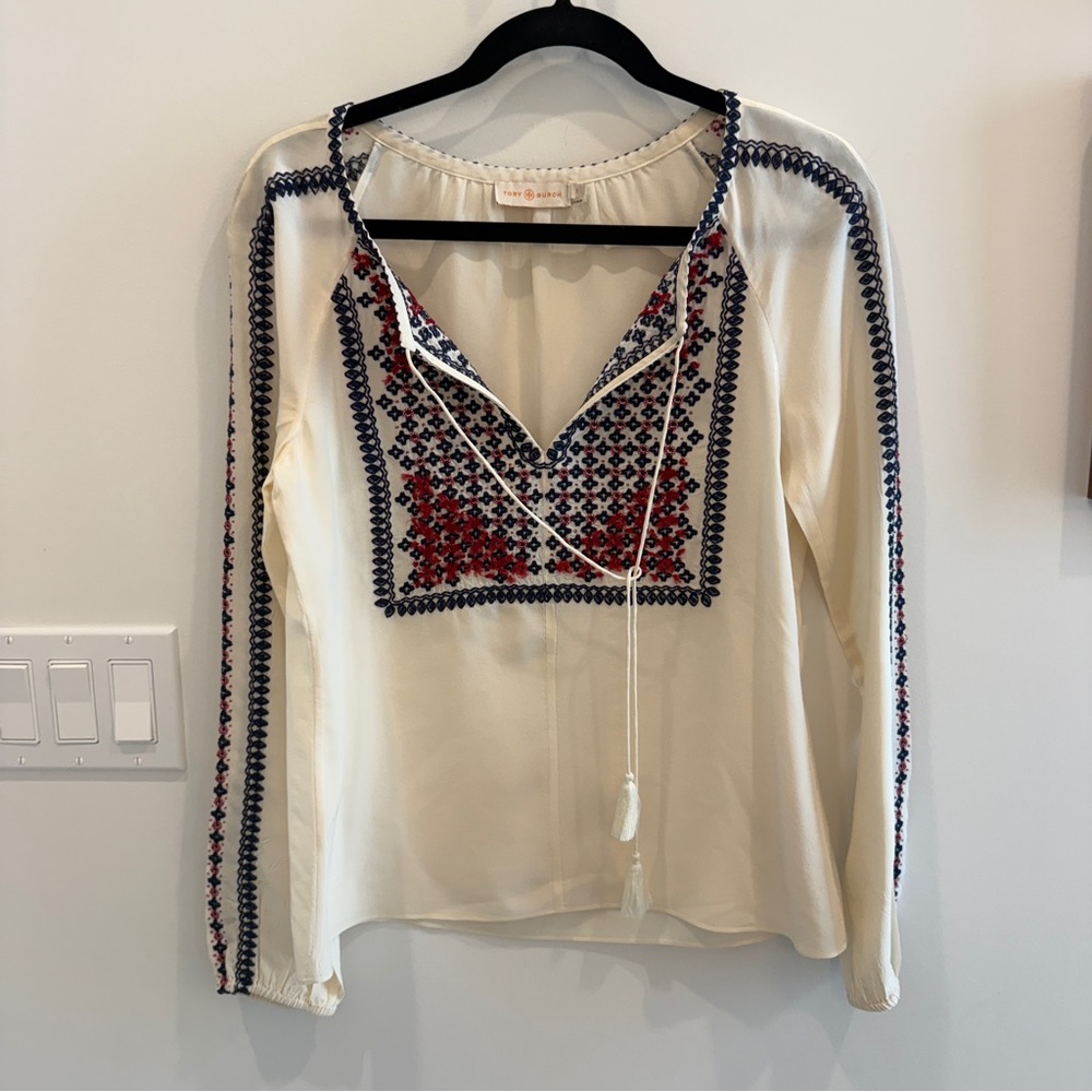 Tory Burch Cream Blouse with Red and Blue Embroidery
